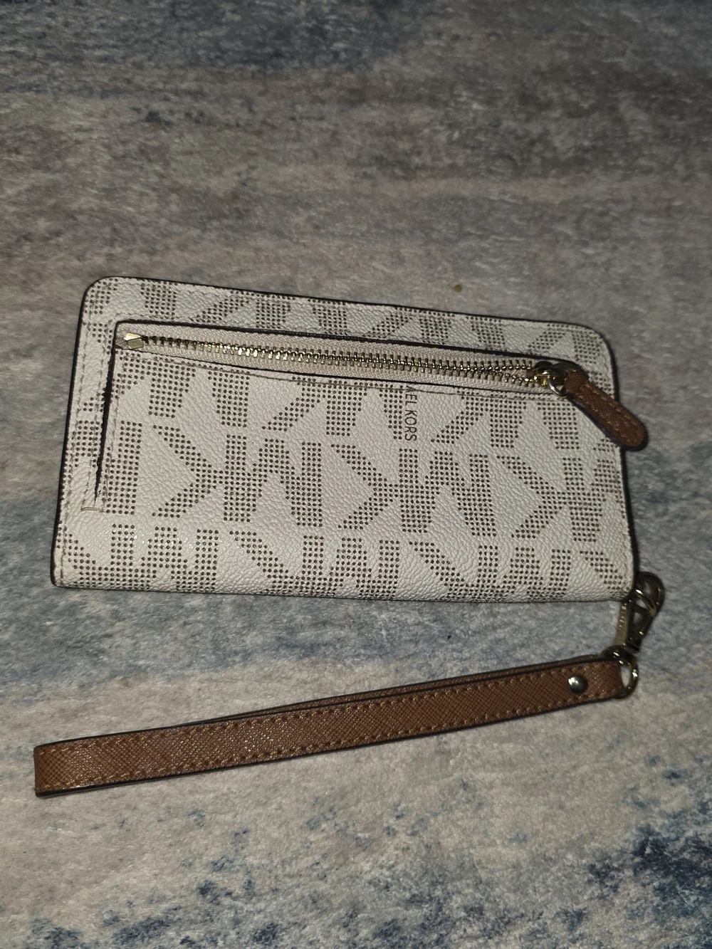 Michael Kors Beige and White MK Logo Wristlet Wallet with Brown Strap